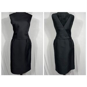 Vtg 50s Harrods California Black Wool Silk Skirt Set V-Back Blouse S/M Hollywood